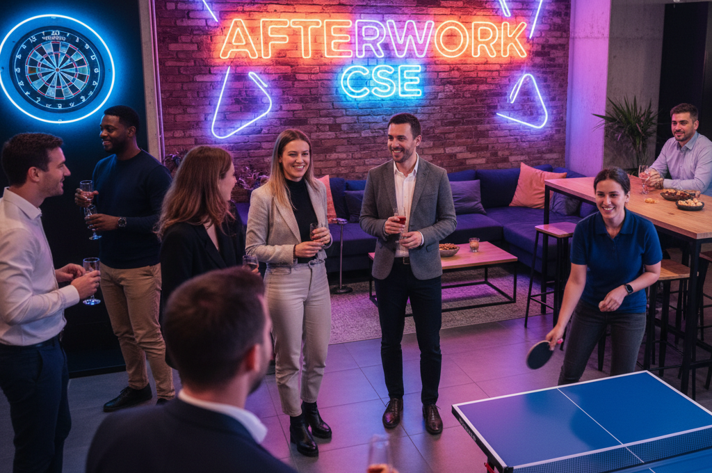 Salariés réunis dans un espace de loisirs lors d’un afterwork CSE avec jeu de ping-pong et ambiance conviviale