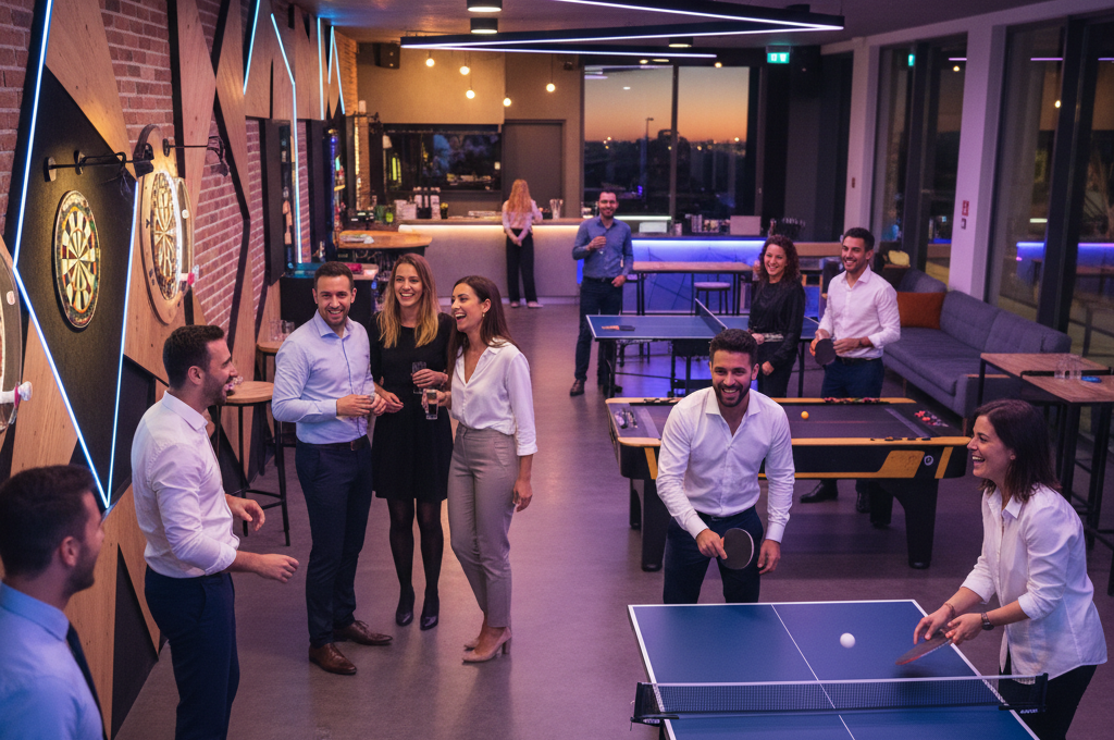Groupe de collègues jouant au ping-pong, aux fléchettes et discutant dans un espace de loisirs en intérieur lors d’un événement d’entreprise