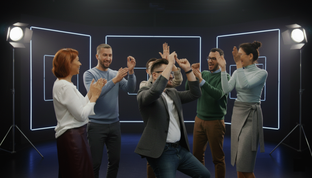 Groupe de personnes joyeuses en tenue professionnelle dans une salle éclairée par des projecteurs