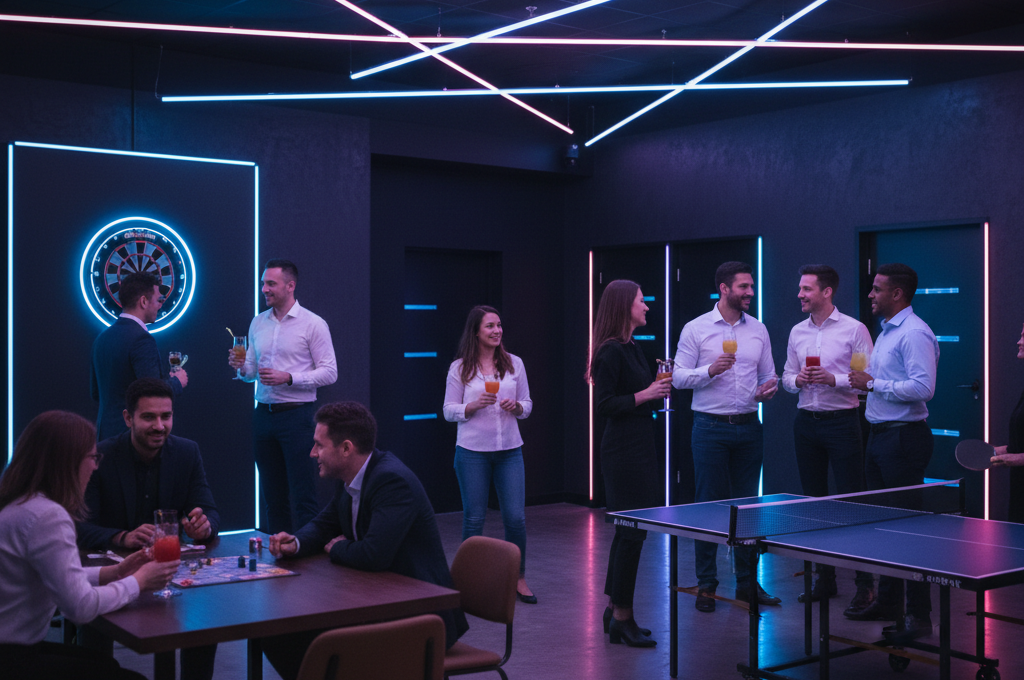 Afterwork Marseille dans un espace moderne avec ambiance néons, collaborateurs en train de discuter, jouer au ping-pong et aux fléchettes.