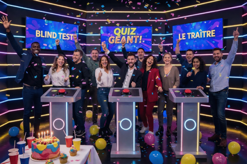 Groupe d’adultes célébrant un anniversaire dans un quiz immersif avec buzzers, écrans lumineux, confettis et table de fête.