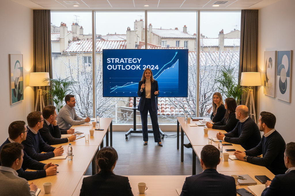 Séminaire d’hiver à Marseille dans une salle de conférence, groupe de personnes assises autour de tables écoutant une présentation devant un écran.