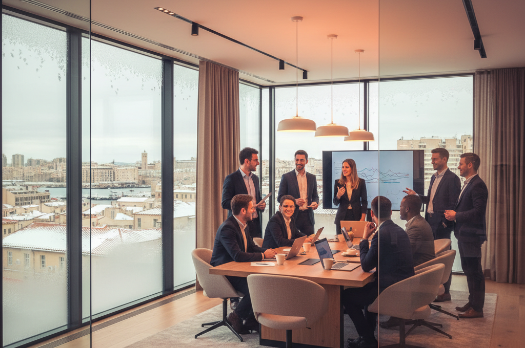 Séminaire d’hiver à Marseille dans une salle de réunion moderne avec une équipe en train de travailler, vue sur les toits enneigés.