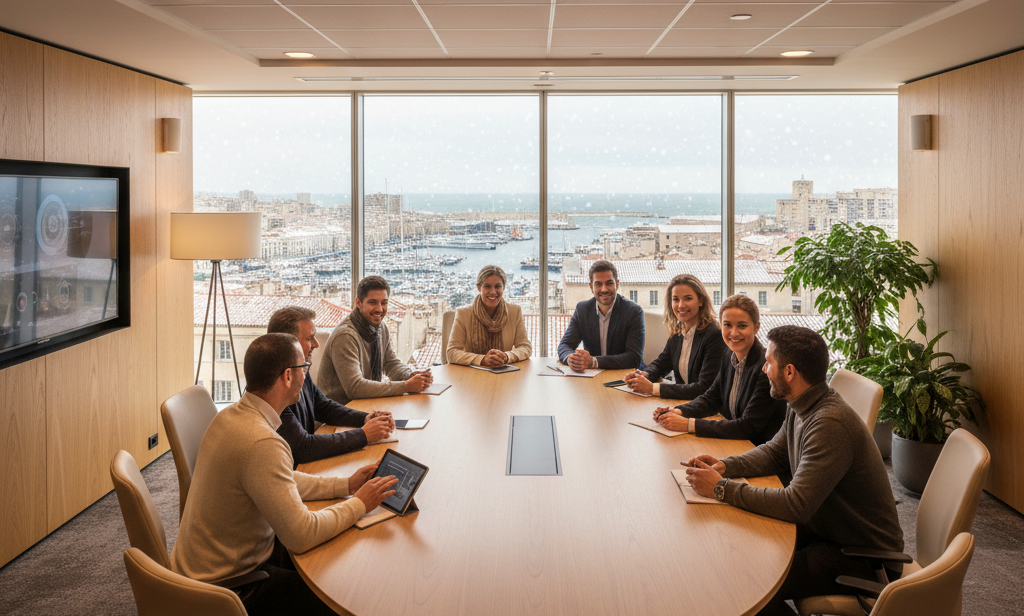 Séminaire d’hiver à Marseille dans une salle de réunion lumineuse avec vue sur le Vieux-Port, groupe de personnes assises autour d’une table.