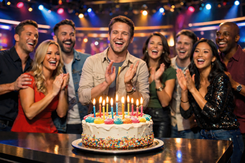 Groupe d’adultes célébrant un anniversaire sur un plateau de jeu télévisé, autour d’un gâteau avec bougies allumées, dans une ambiance festive et lumineuse avec éclairages de studio colorés.