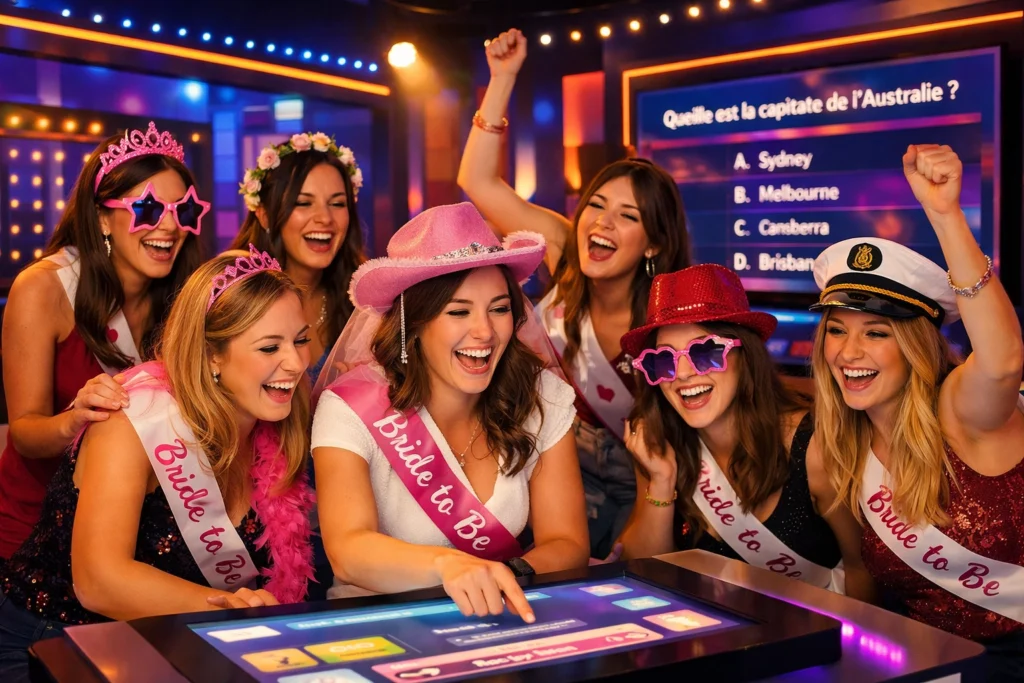 Groupe de femmes portant des accessoires de fête et des écharpes « Bride to Be » autour d’un écran interactif avec un quiz affiché