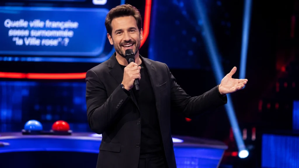Animateur de quiz en direct au micro sur scène, ambiance plateau TV immersif à Vitrolles près de Marseille