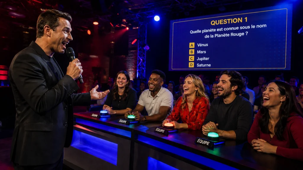 Animateur présentant un quiz en direct au micro face à des équipes sur buzzers, ambiance plateau TV à Vitrolles près de Marseille
