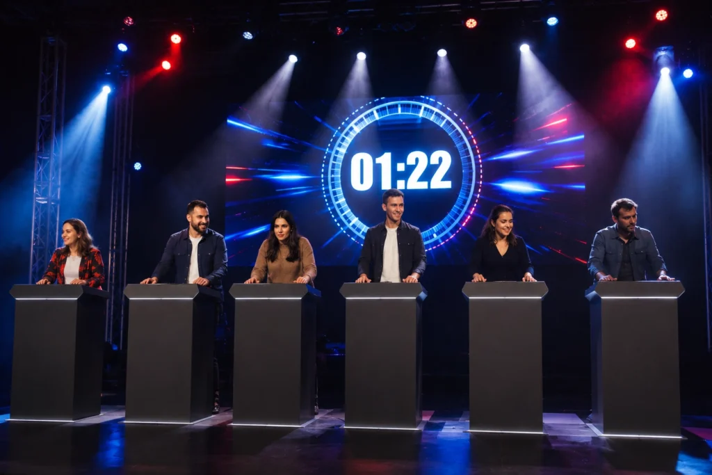 Groupe d'amis participant à un quiz avec animateur, pupitres lumineux et chronomètre, sortie originale près de Marseille
