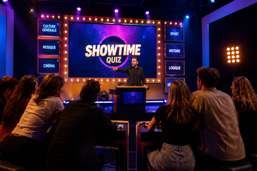 Groupe de participants face à un animateur sur un plateau de Showtime Quiz