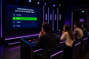Participants installés derrière des pupitres face à un écran de quiz
