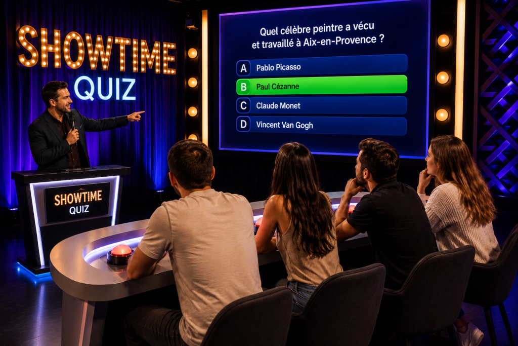 Participants face à un animateur et à un écran dans une salle de quiz