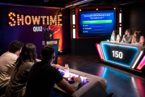 Participants autour de pupitres face à un animateur et un écran de quiz chez Showtime Quiz