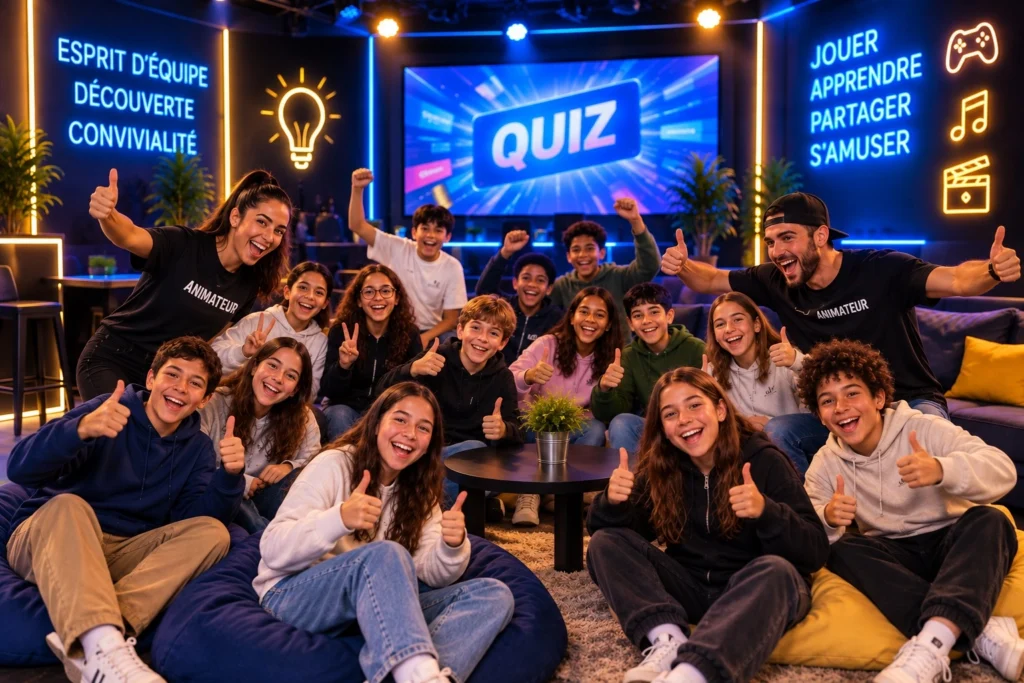 Groupe d’adolescents avec des animateurs participant à une activité chez Showtime Quiz Vitrolles