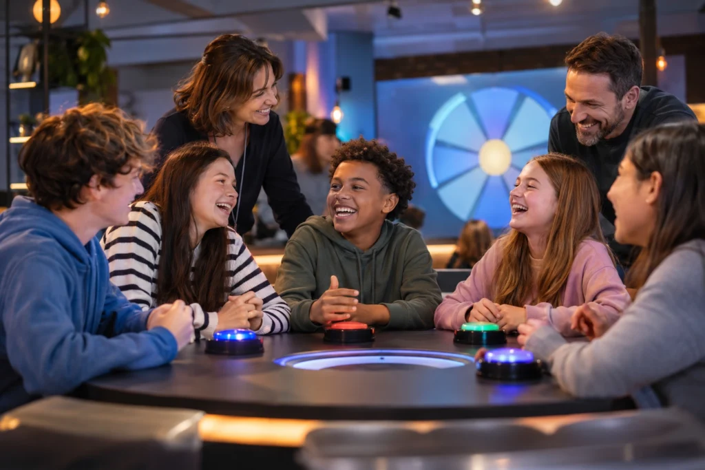 Enfants et adultes participant à une activité de groupe pour association chez Showtime Quiz à Vitrolles