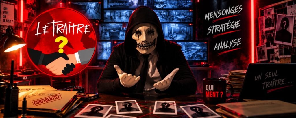Univers immersif du jeu Le Traître, mêlant mensonge, stratégie et analyse dans une ambiance sombre d’enquête et de suspicion.