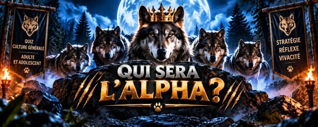 Univers immersif du jeu quiz Qui sera l’Alpha ?, avec une meute de loups dans une forêt nocturne, mêlant culture générale, stratégie et réflexes.