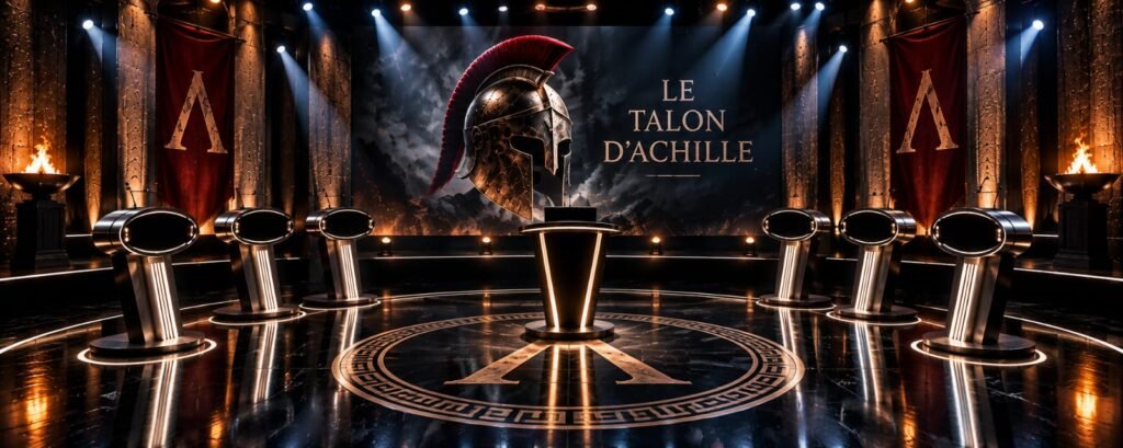 Décor immersif du jeu quiz Le Talon d’Achille, inspiré de la Grèce antique, avec pupitres de jeu, casque spartiate et ambiance spectaculaire.
