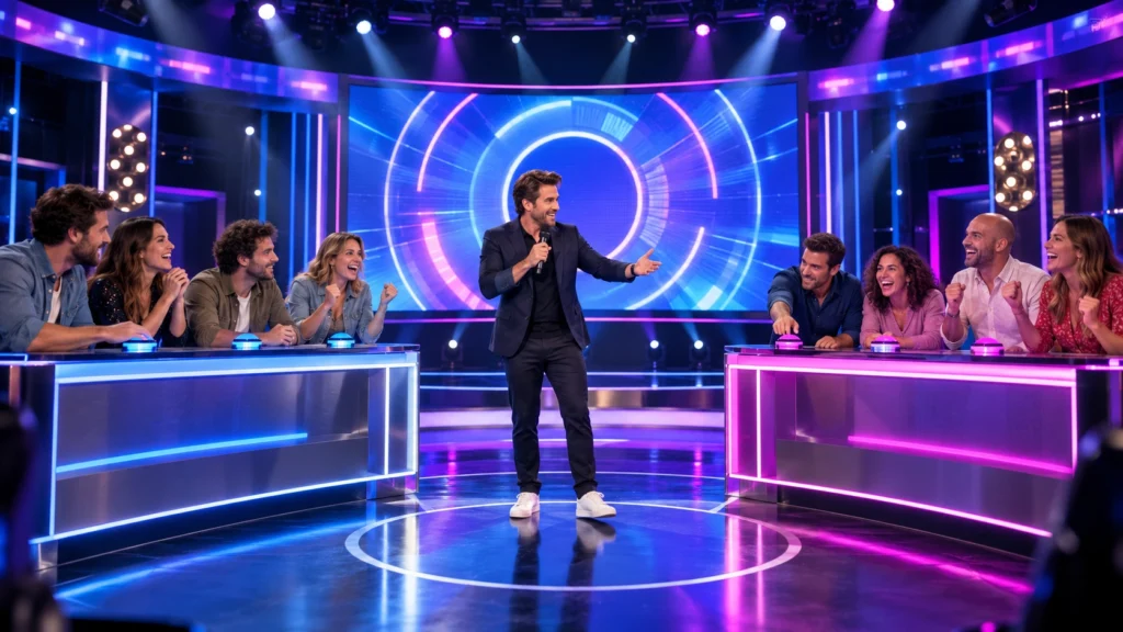Groupe d'amis participant à un quiz immersif sur un plateau de jeu télévisé