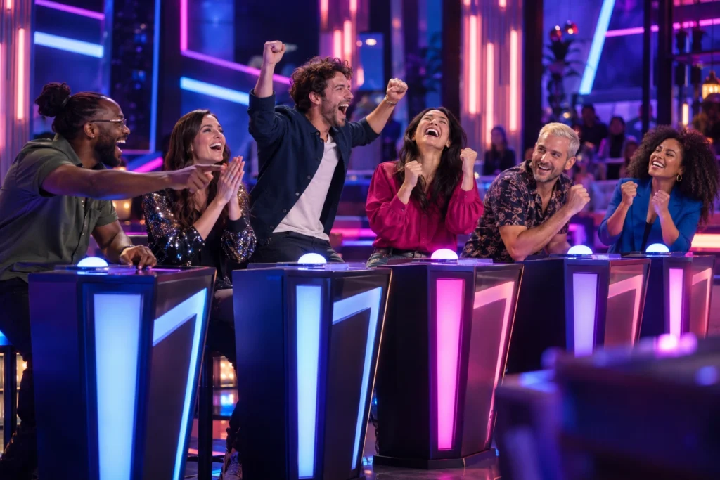 Groupe d'amis célébrant une bonne réponse pendant un quiz immersif